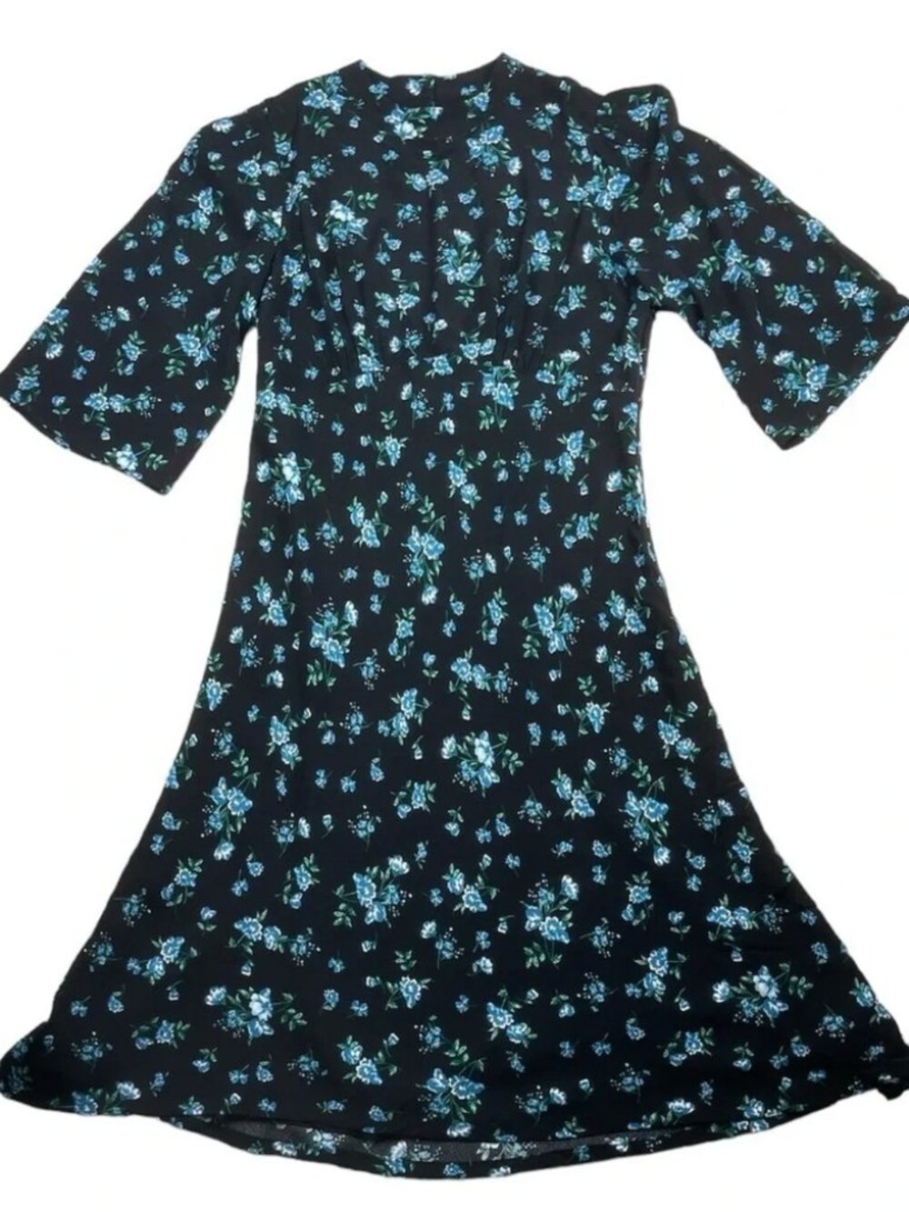 Ever New High Neck Black Blue Floral Short Sleeve Midi Dress Size 10